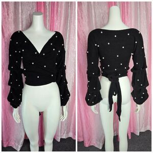 Fashion Nova Black Knit Boho Sleeves Pearl Accents Crop Wrap Sweater Size Small
